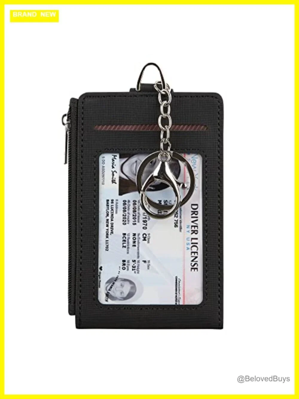 Slim Minimalist Front Pocket Wallet with Zipper, Keychain, 5 Card Slots, 2 ID